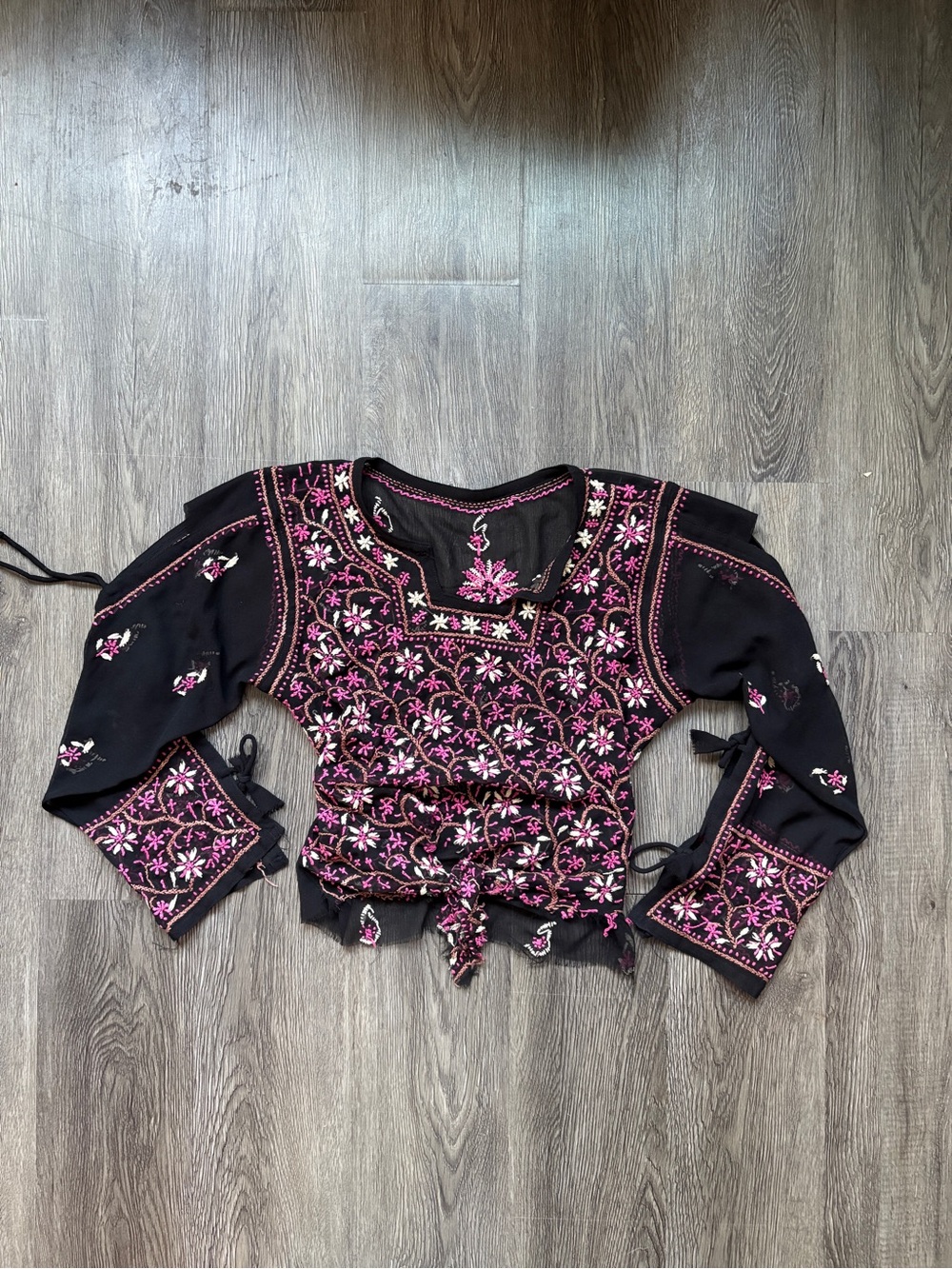 Black Sheer Long Sleeve Floral Embroidered Top | Tie Details